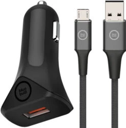 BlueBuilt Quick Charge Autolader 18W + Micro Usb Kabel 1,5m Nylon Zwart