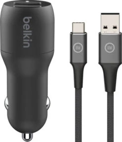 Belkin Autolader Met 2 Usb Poorten 12W + BlueBuilt Usb C Kabel 1,5m Nylon Zwart